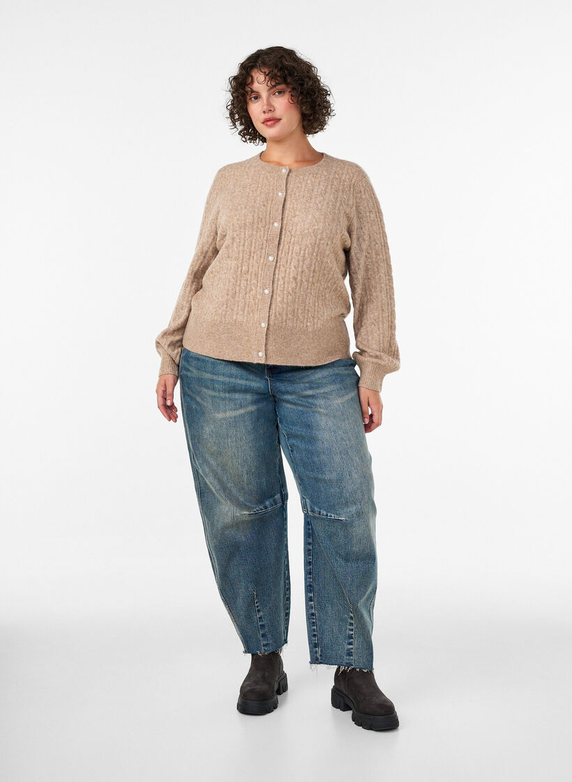 Cable knit cardigan with pearl buttons, Beige, Model image number 1