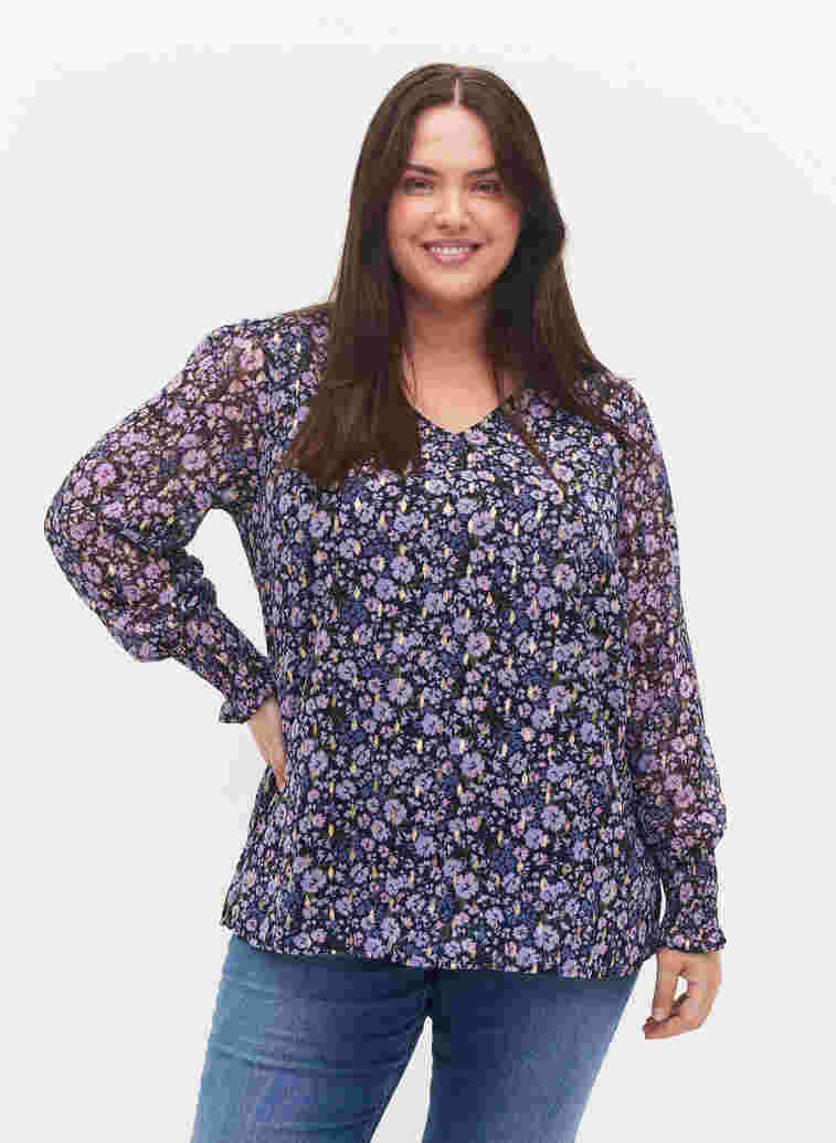 Floral blouse with long sleeves and v neck, Purple Ditzy Flower, Model