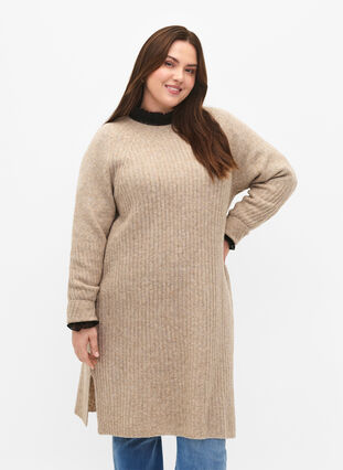 Rib-knit dress with slit, Simply Taupe Mel., Model image number 0