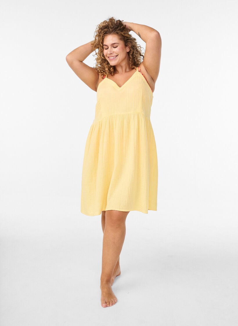 Cotton beach dress with narrow straps, Yellow, Model image number 1