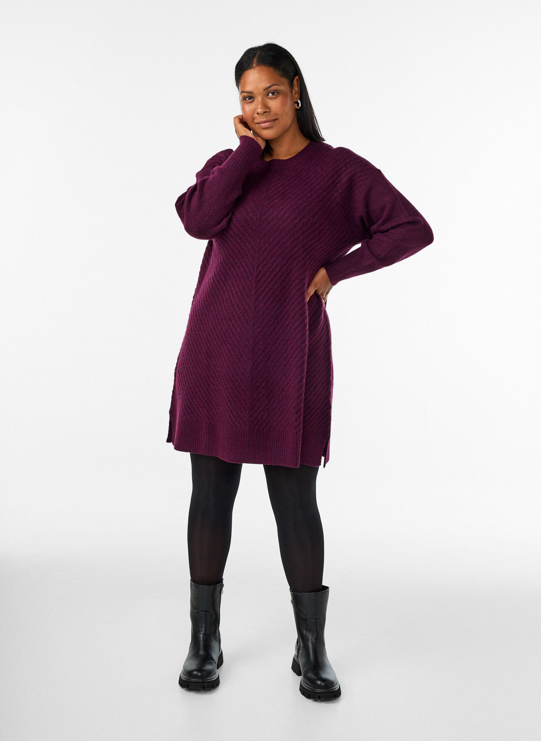 ZizzifashionShort knitted dress with a V-shaped textured pattern, Red, Model image number 1