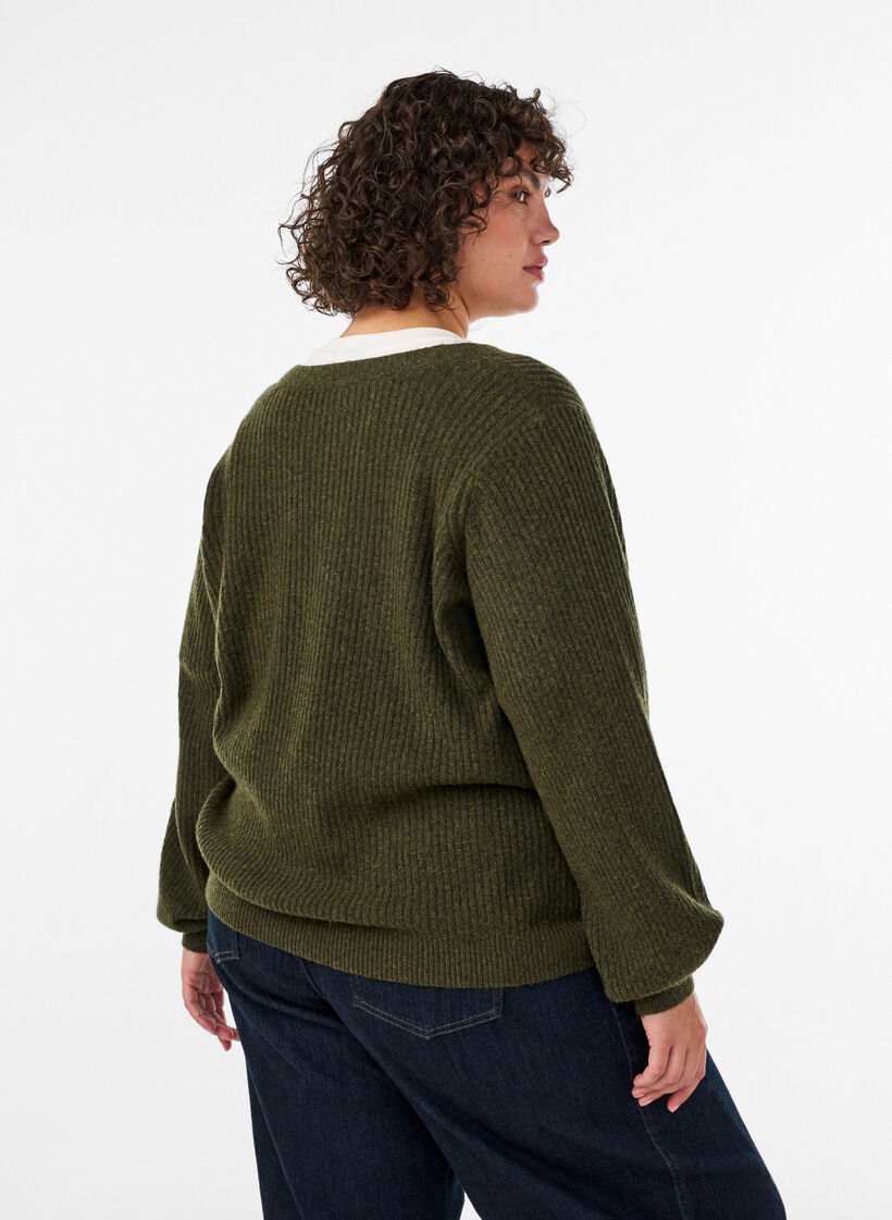 Cardigan with V-neck and ribbed texture, Green, Model image number 2