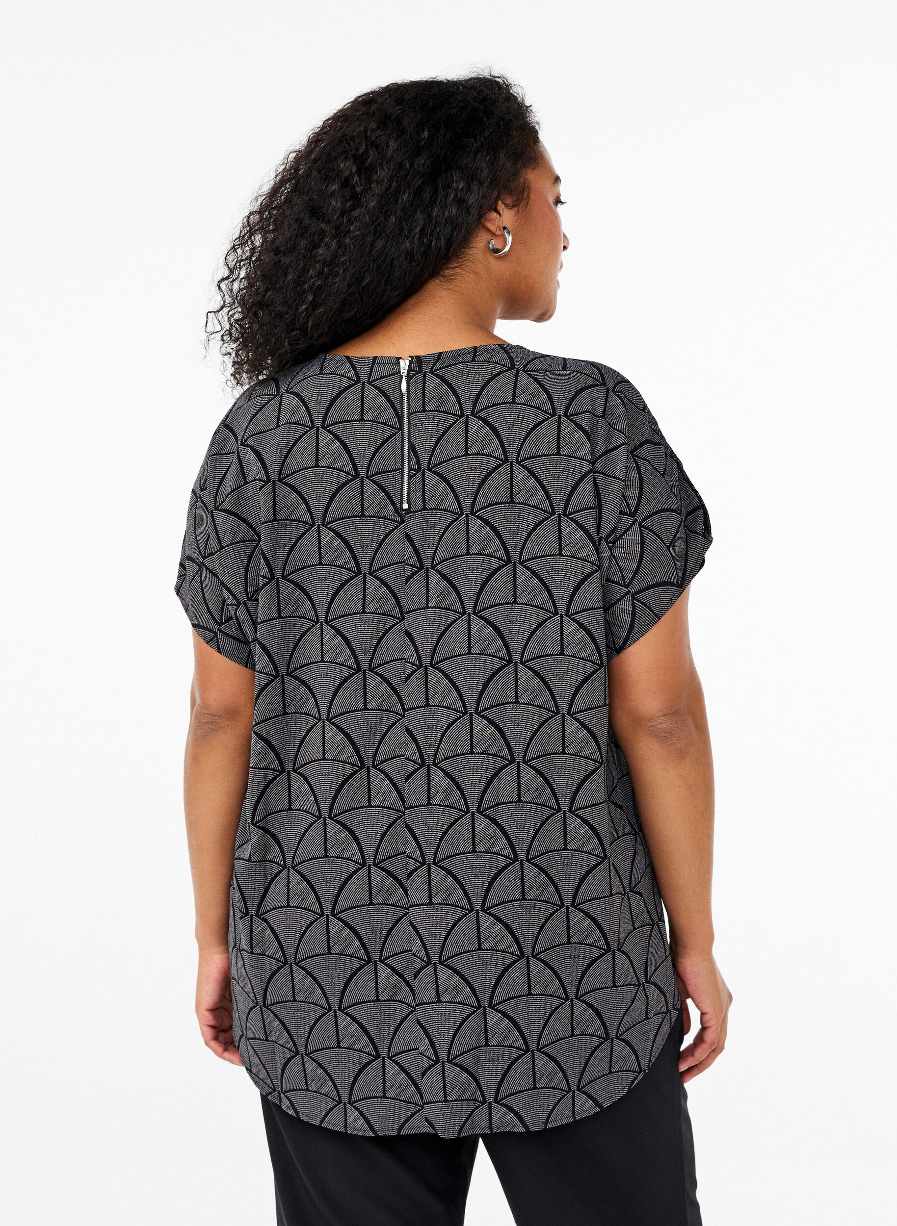 Zizzifashion Short-sleeved blouse with print, Black Grey Graphic , Model image number 1