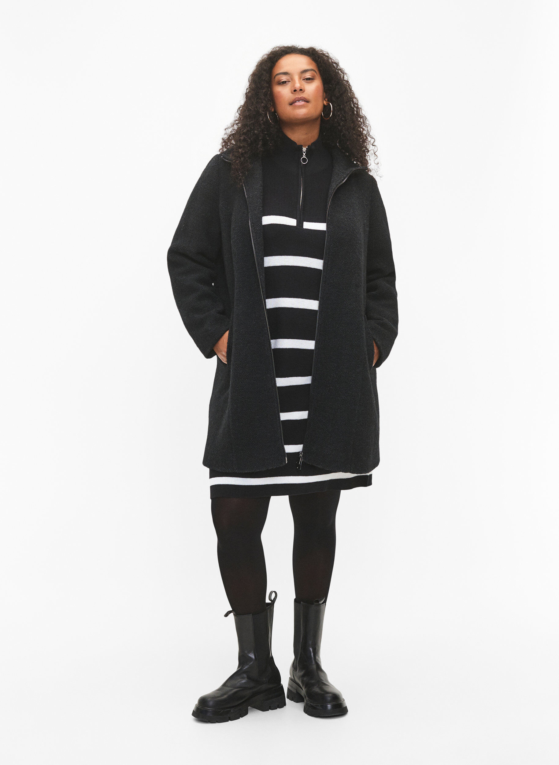 Zizzifashion Melange boucl&eacute; coat with zipper, Black Mel., Model image number 2