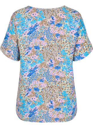 Short-sleeved viscose blouse with floral print, Blue Rose Flower, Packshot image number 1
