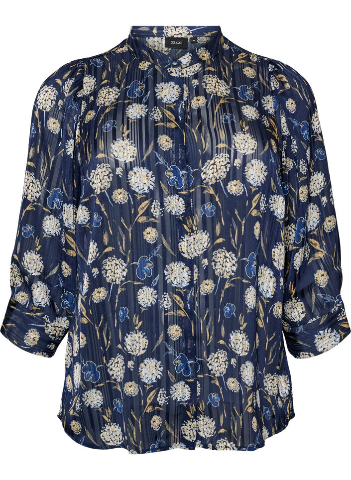 Patterned shirt with a stand-up collar and 3/4-sleeves, Blue, Packshot image number 0