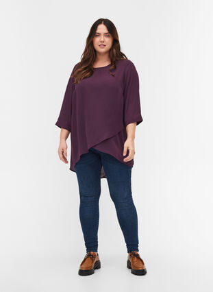 Blouse with 3/4-length sleeves and asymmetric hem, Plum Perfect, Model image number 2
