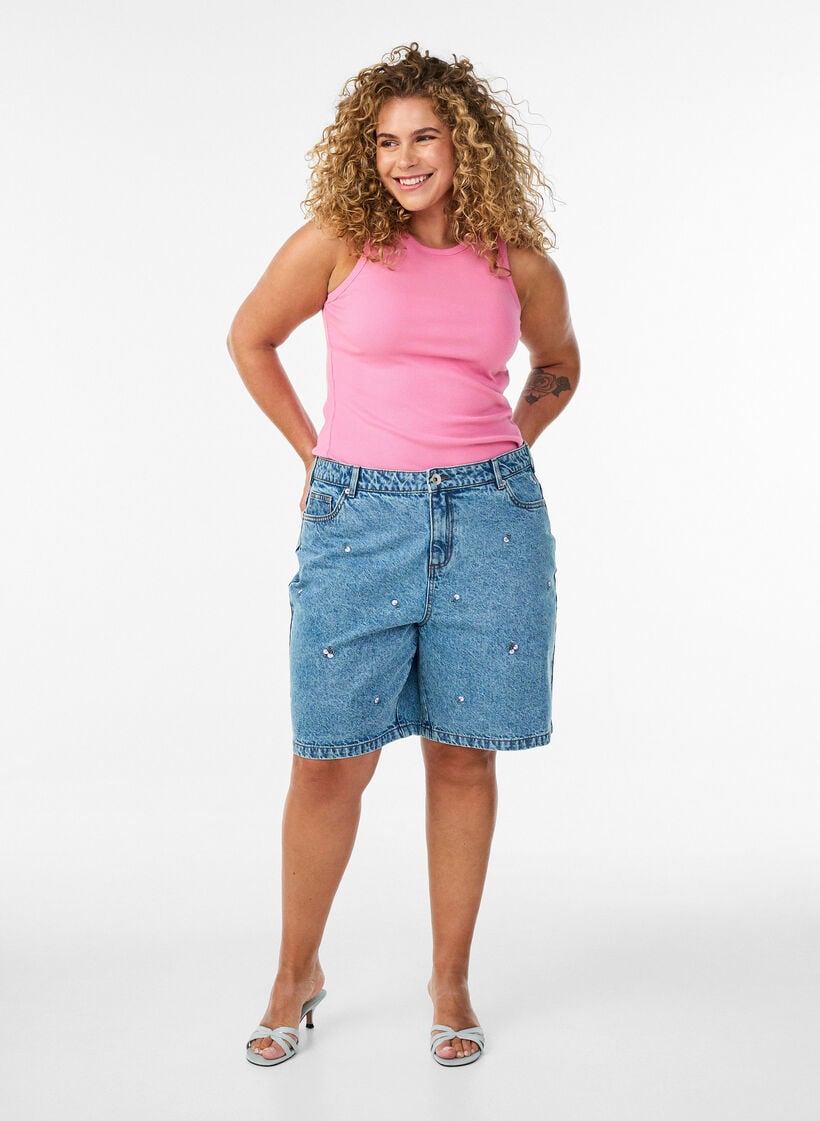 Cotton ribbed top with high neck, Rose, Model image number 1