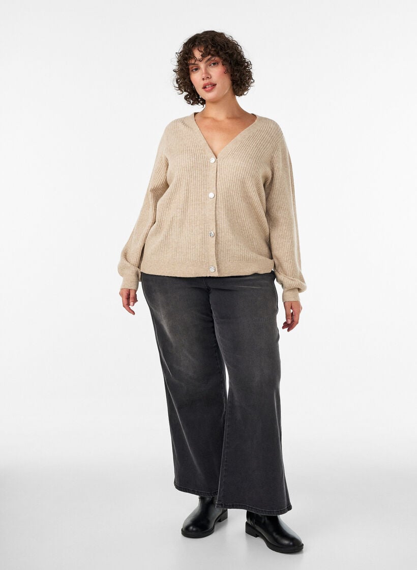Cardigan with V-neck and ribbed texture, Beige, Model image number 1