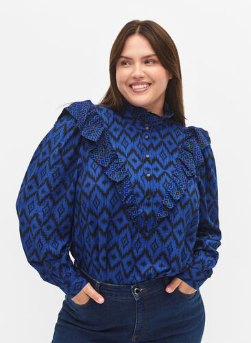 Shirt blouse in viscose with frilled details, True blue w. Black, Model image number 0