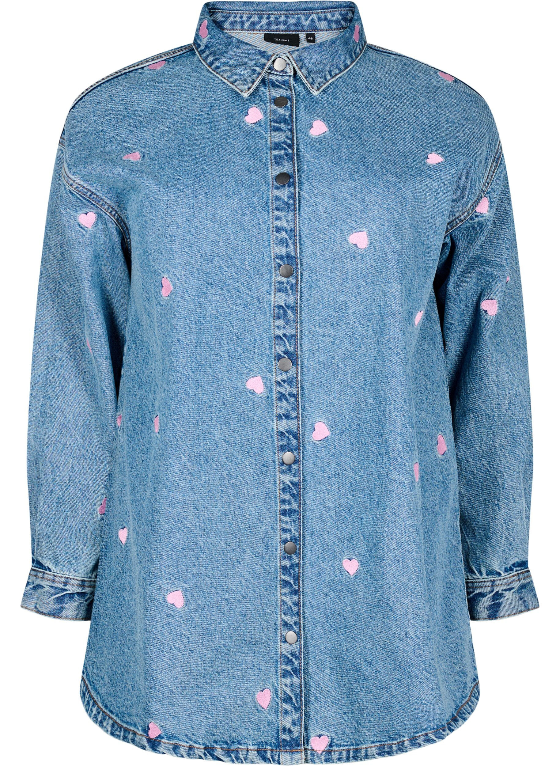 Zizzifashion Loose denim shirt with embroidered hearts, Light Blue Heart, Packshot image number 0