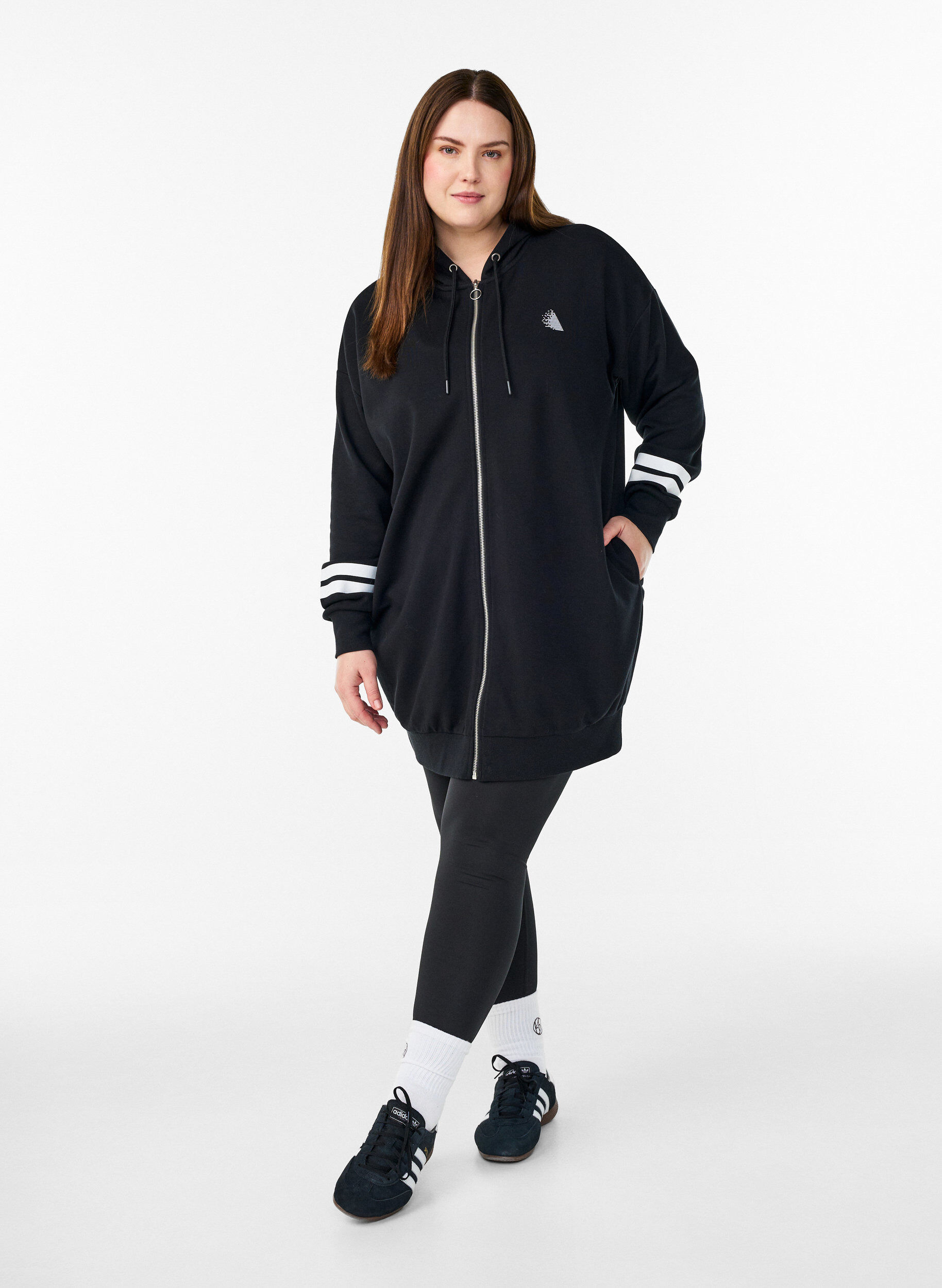 Zizzifashion Long sweat cardigan with printed details, Black, Model image number 1