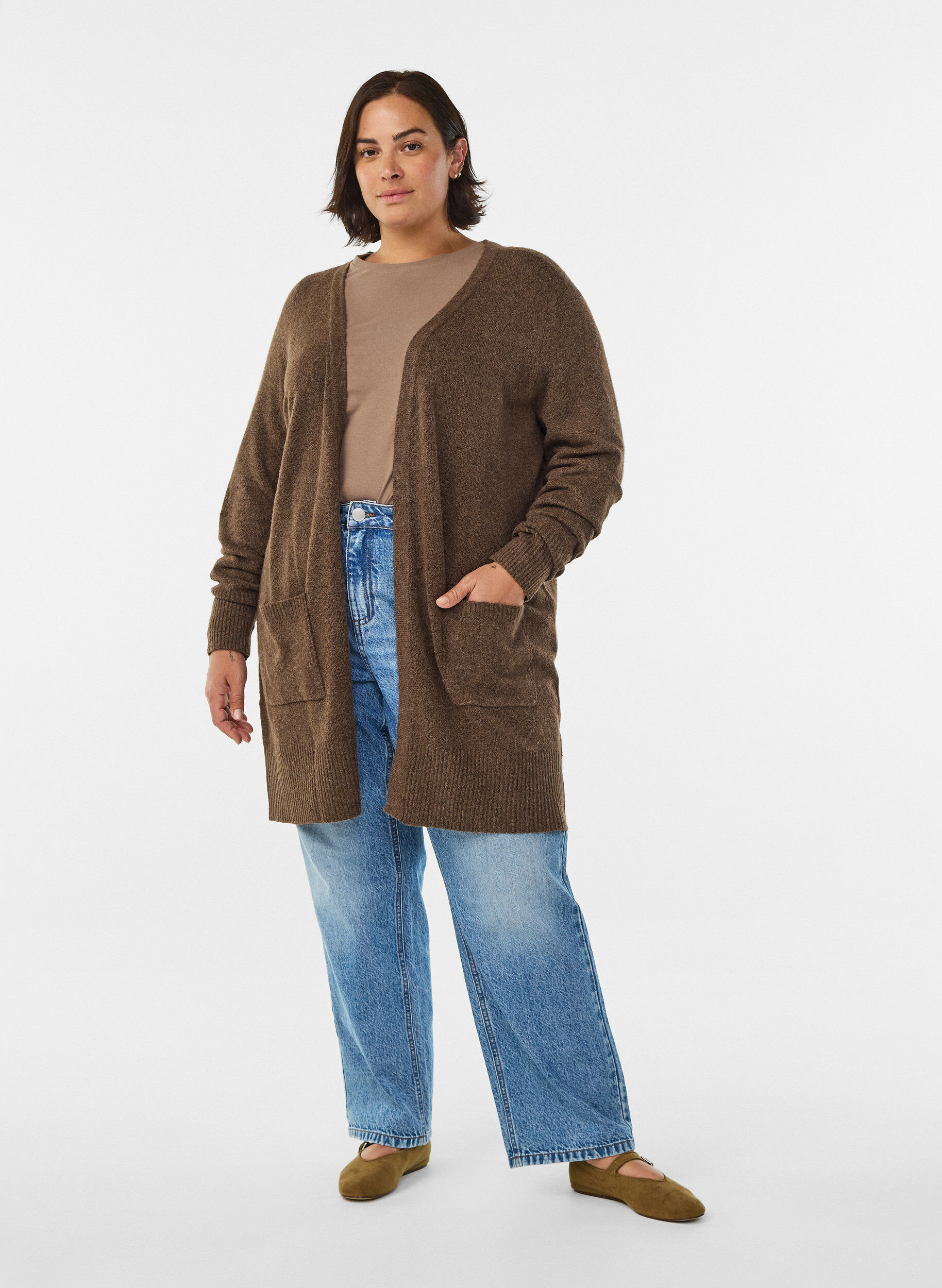 ZizzifashionRibbed Knit Cardigan with Pockets, Brown, Model image number 1