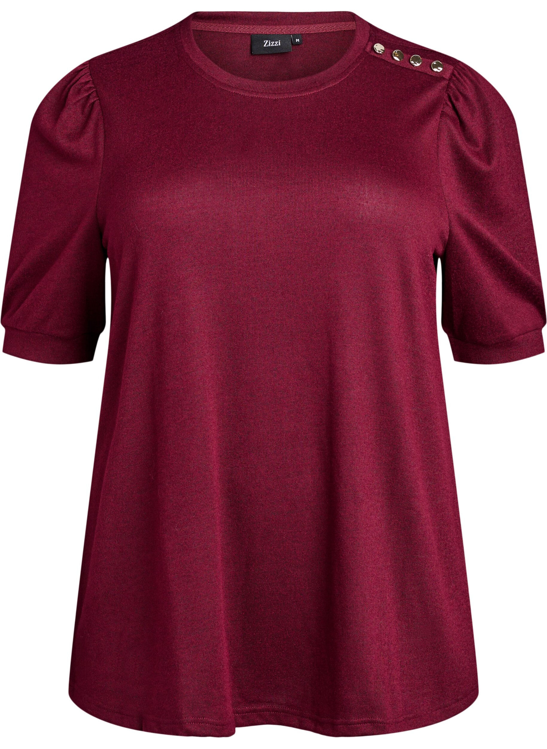ZizzifashionBlouse with button detail and short puff sleeves, Dark Bordeaux, Packshot image number 0