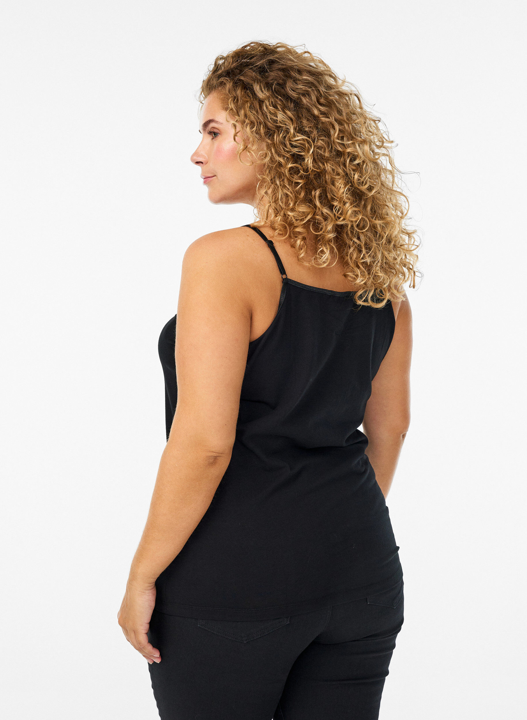 Zizzifashion Basic cotton spaghetti strap top, Black, Model image number 2