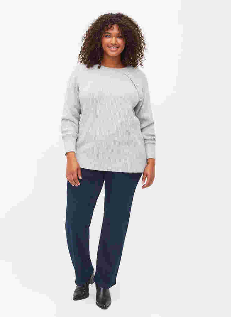 Melange knit sweater with pearl buttons, Light Grey Melange, Model image number 3