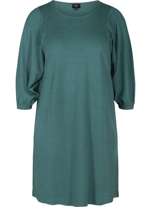 Knitted dress with 3/4 puff sleeves and round neck, Sea Pine Mel., Packshot image number 0