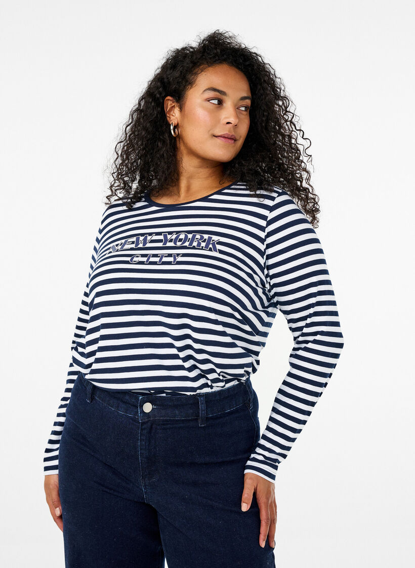 Striped blouse with motif, White w.Navy Stripe, Model image number 0