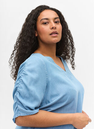 Blouse with draped sleeves, Light blue denim, Model image number 2