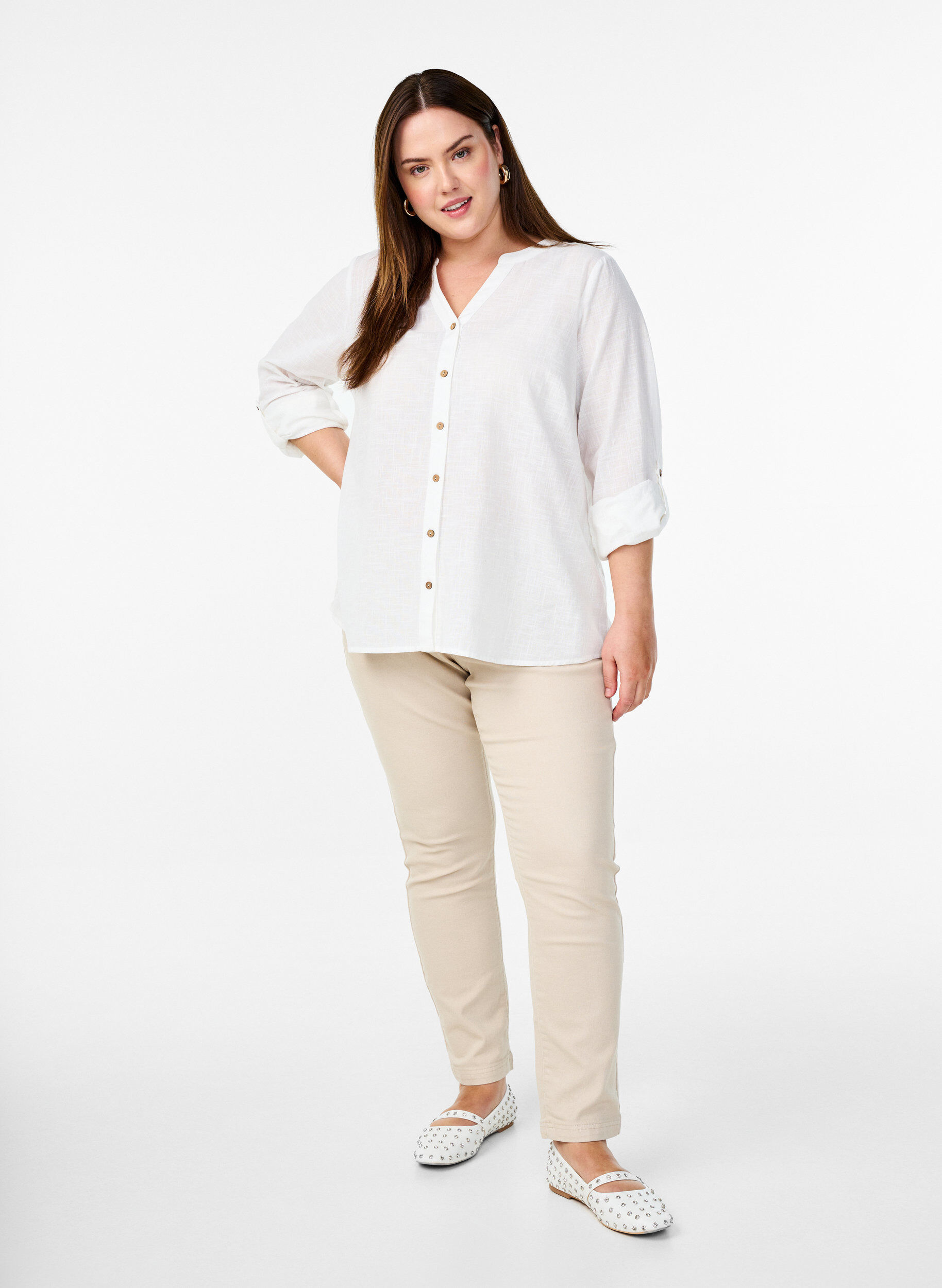 ZizzifashionCotton shirt blouse with a v-neck, White, Model image number 1