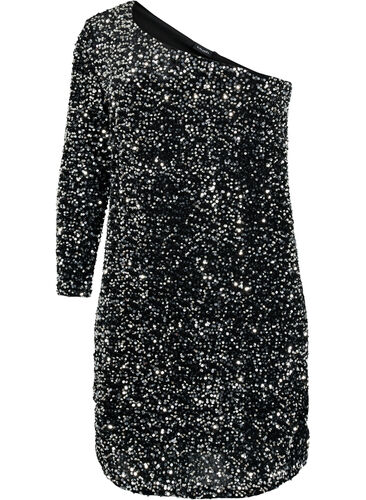 Short one-shoulder dress with sequins, Black/Silver Sequins, Packshot image number 0