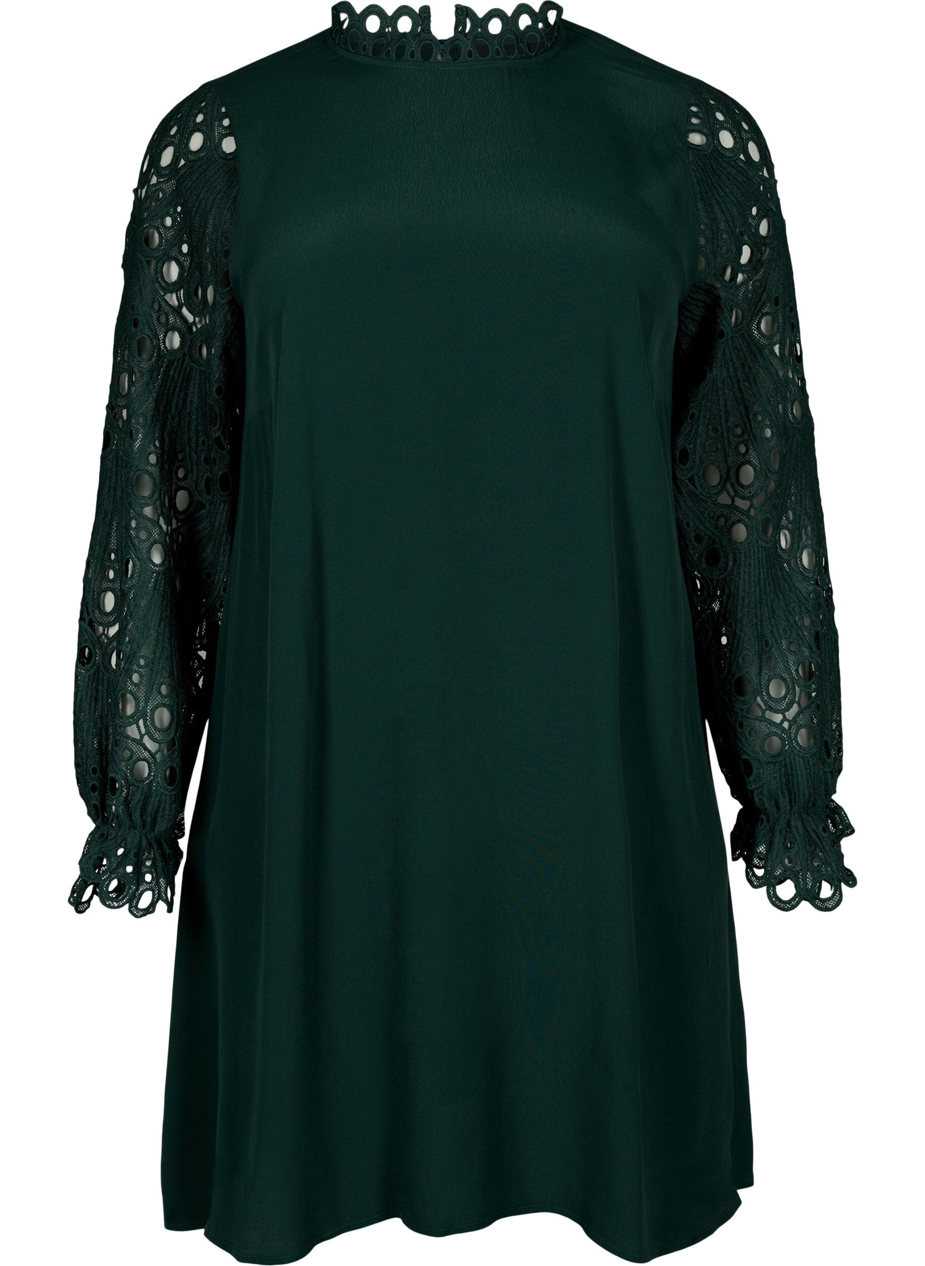 Zizzifashion Viscose dress with crochet sleeves, Scarab, Packshot image number 0