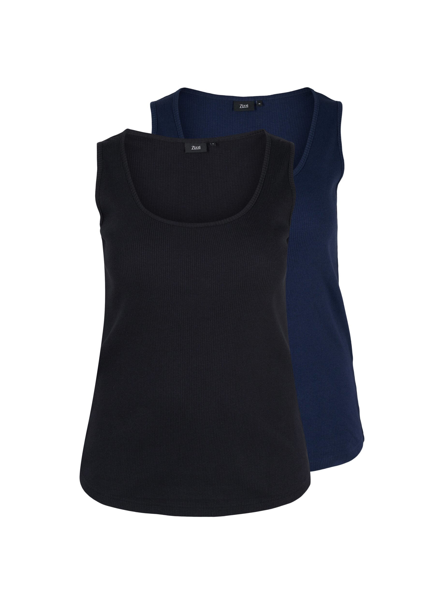 Zizzifashion 2-pack basic tank top with rib, Black/Navy Blazer, Packshot image number 0