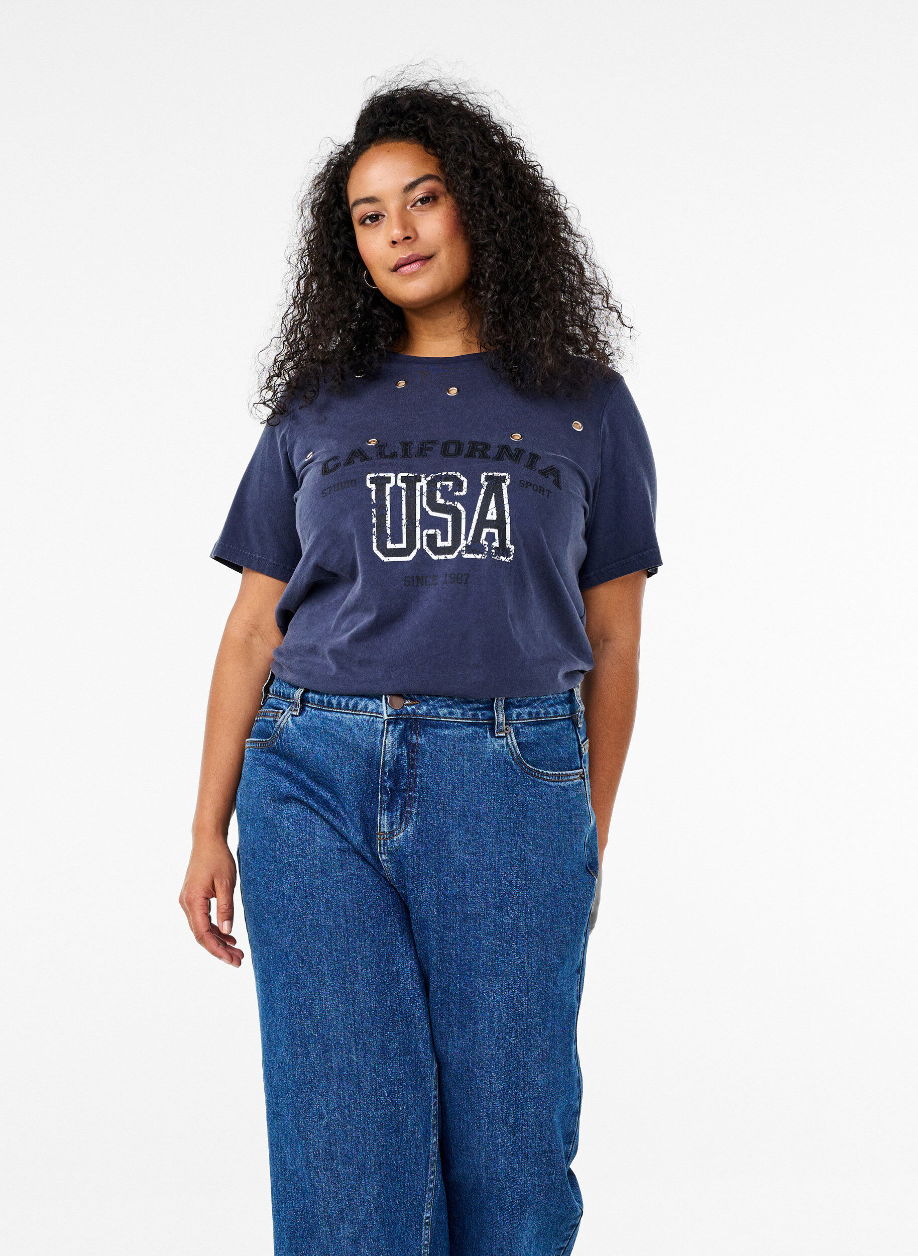 Zizzifashion T-shirt with eyelets and print, Navy Washed , Image image number 0