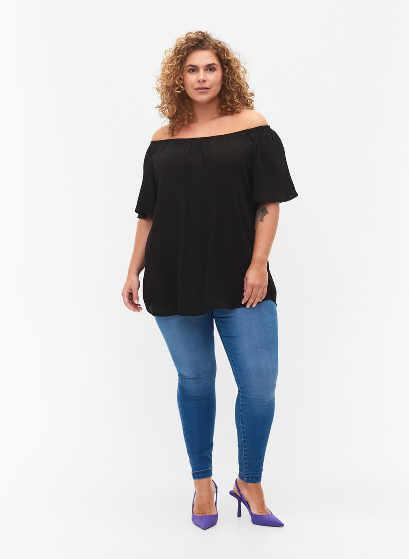 Plain viscose blouse with short sleeves, Black, Model image number 3
