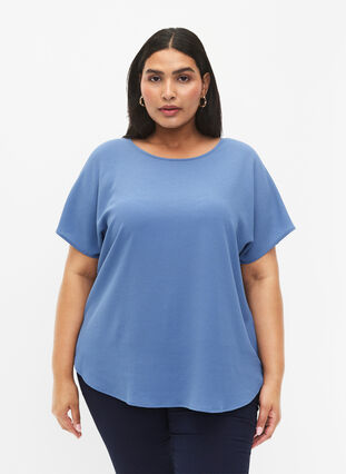Blouse with short sleeves and a round neckline, Moonlight Blue, Model image number 0