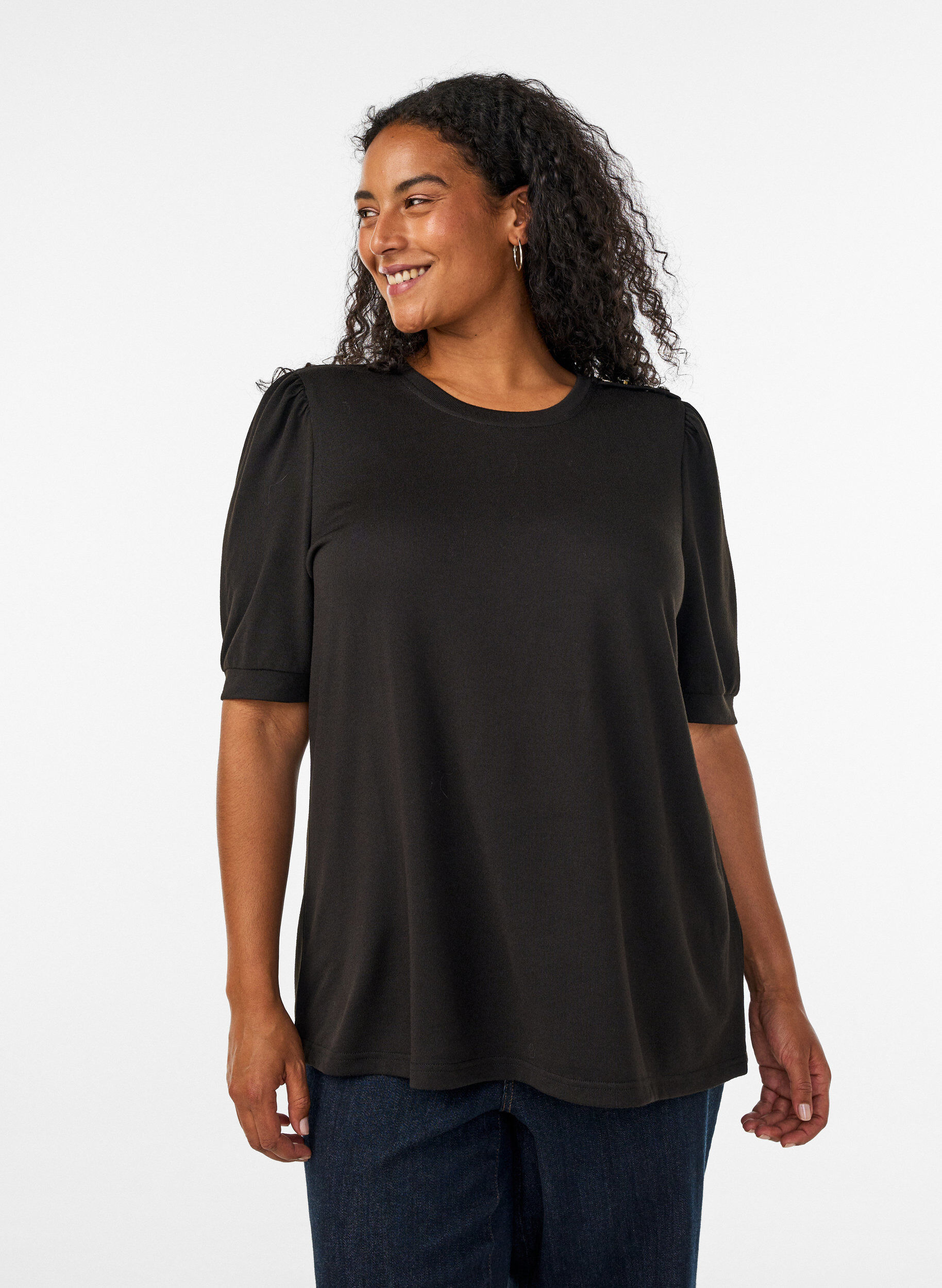 Blouse with button detail and short puff sleeves, Black, Model