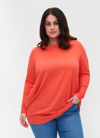 Knitted jumper with round neckline, Living Coral, Model