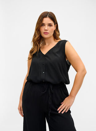 Viscose jumpsuit with buttons and tie-belt, Black, Model image number 1