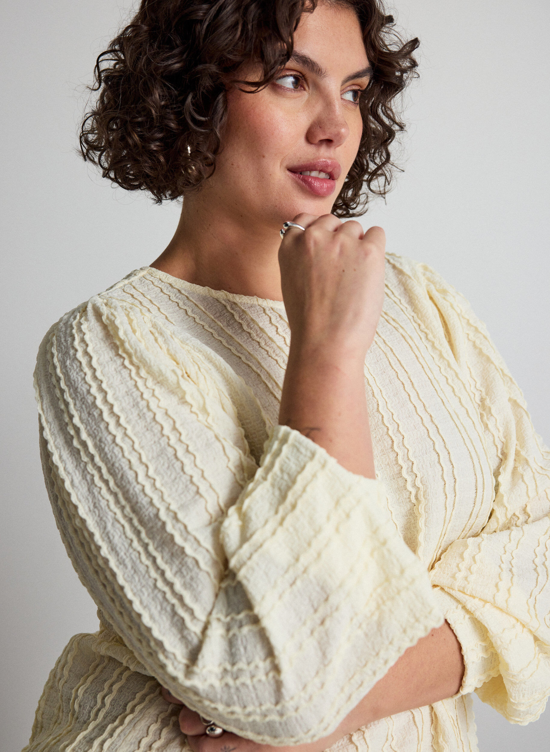 ZizzifashionTextured jersey blouse with a balloon silhouette, Vanilla, Model image number 3