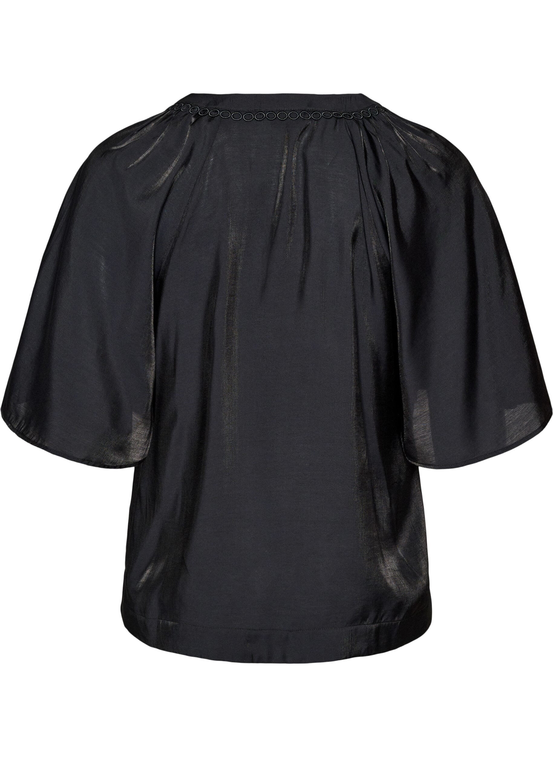 ZizzifashionViscose blouse with V-neck and decorative details, Black, Packshot image number 1