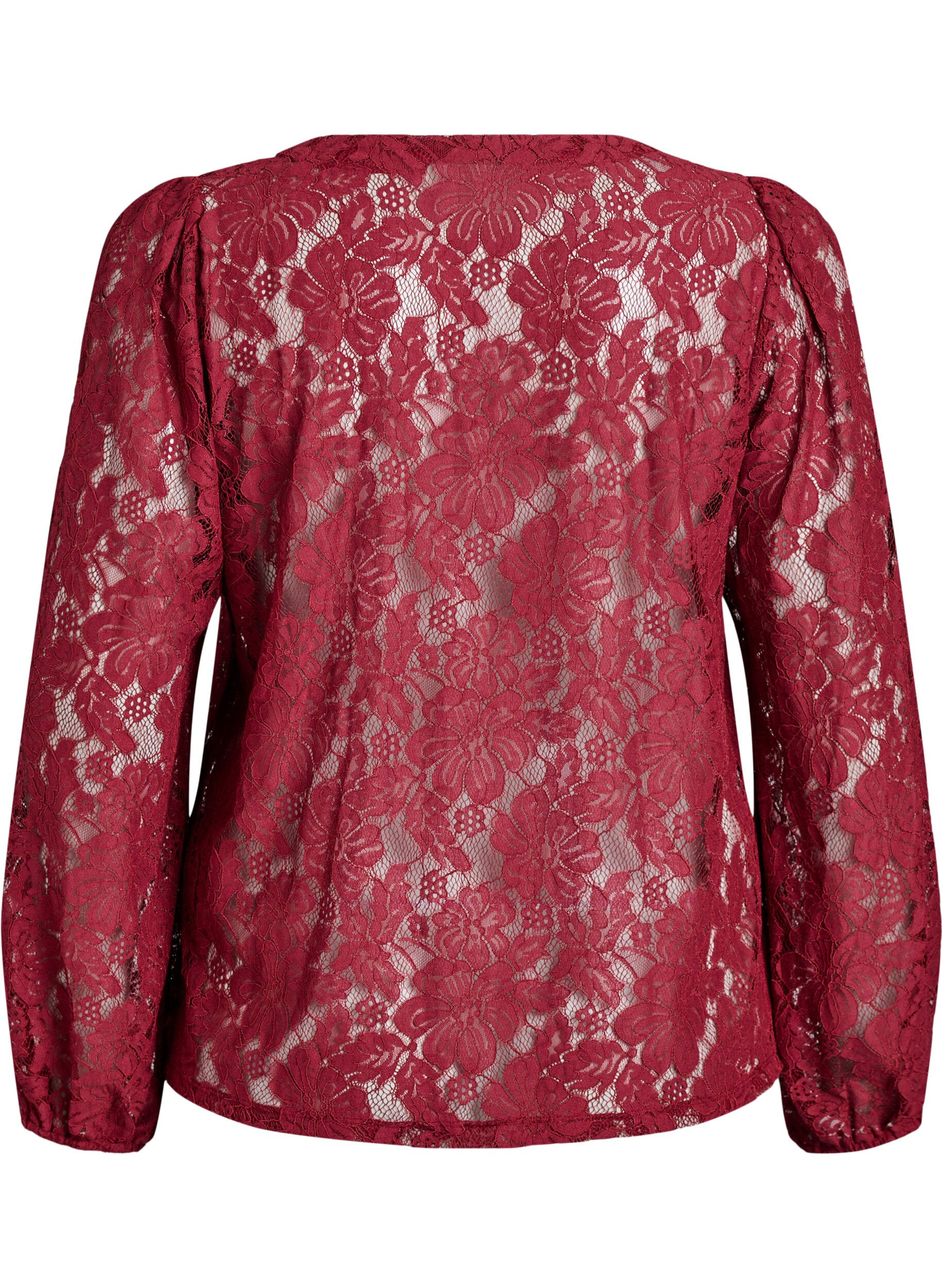 Zizzifashion Lace blouse with open front and tie strings, Dark Bordeaux, Packshot image number 1