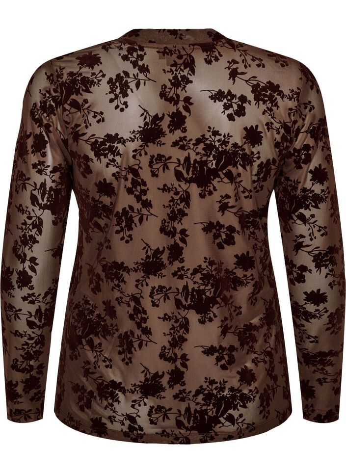 Mesh blouse with floral pattern, Brown, Packshot image number 1