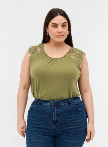 Plain-coloured top with lace sleeves, Aloe, Model image number 0