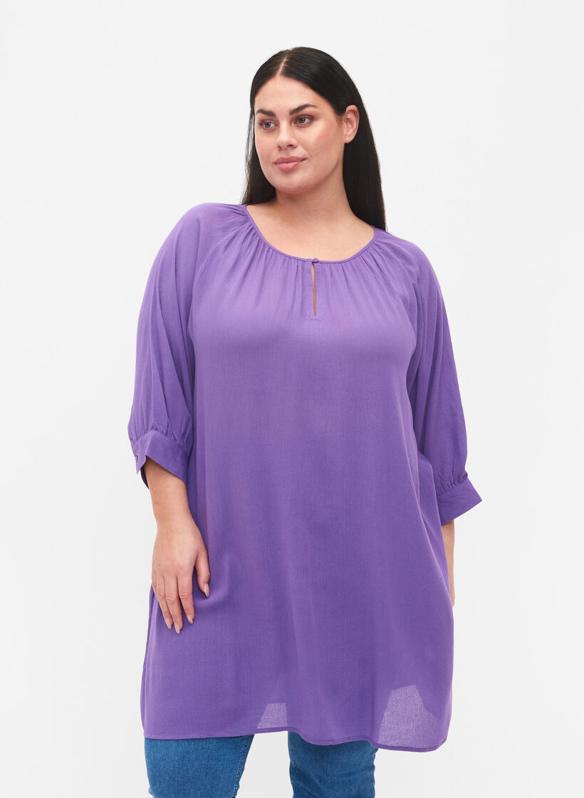 Viscose tunic with 3/4 sleeves, Purple, Model image number 0