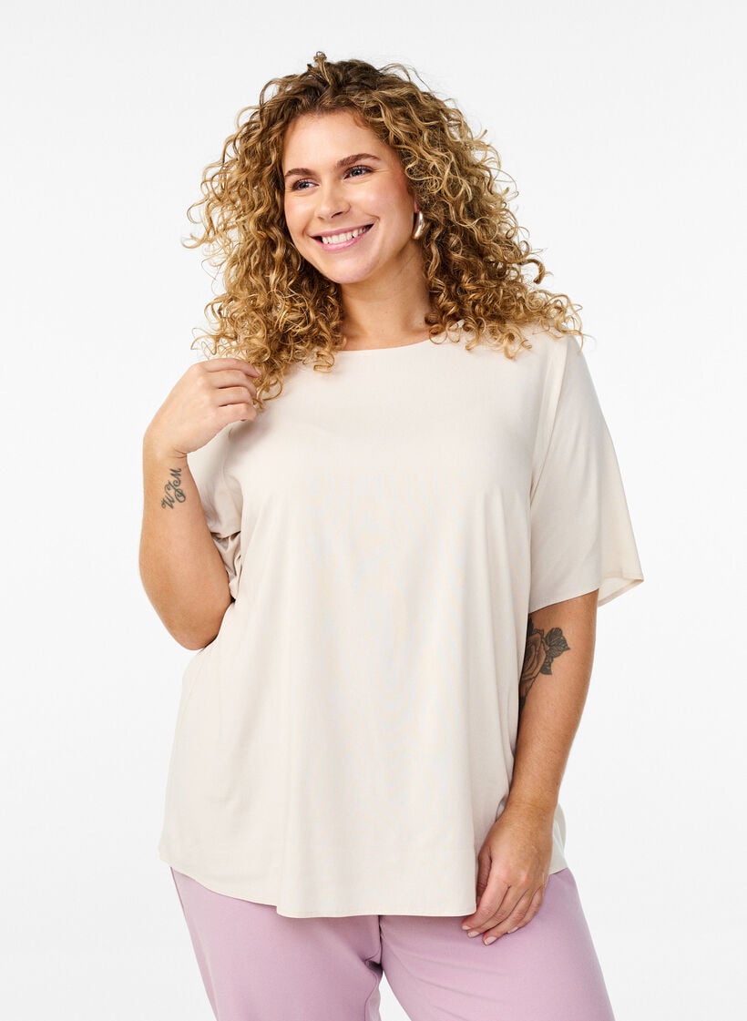 FLASH - Short-sleeved woven blouse with round neck, Beige, Model image number 0