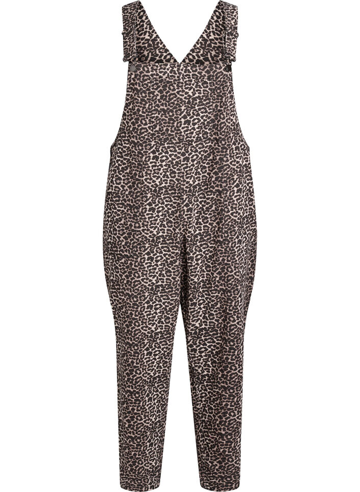 Leopard print denim dungarees, Brown, Packshot image number 0