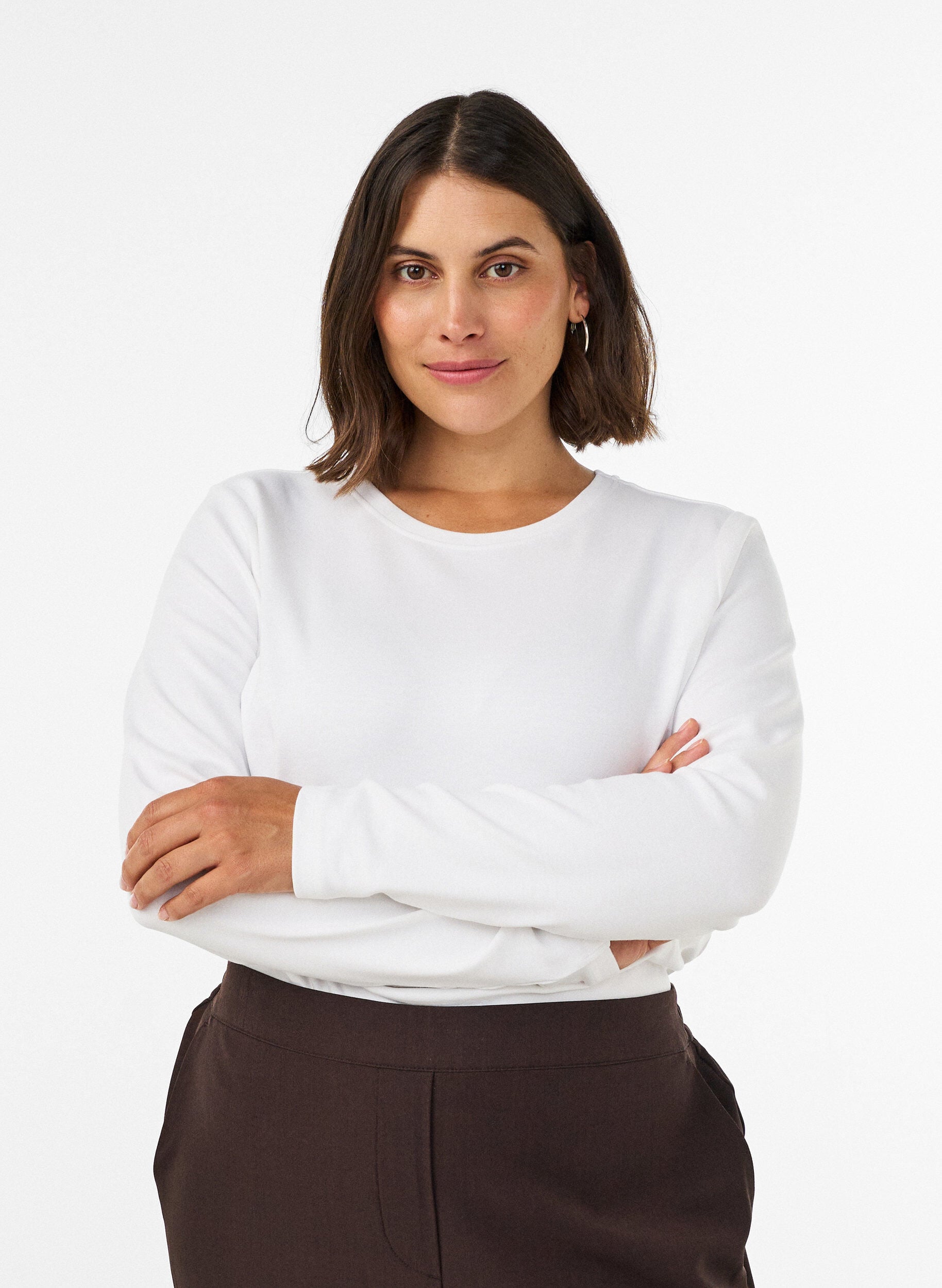 ZizzifashionLong-sleeved basic T-shirt with a round neck, White, Model image number 0