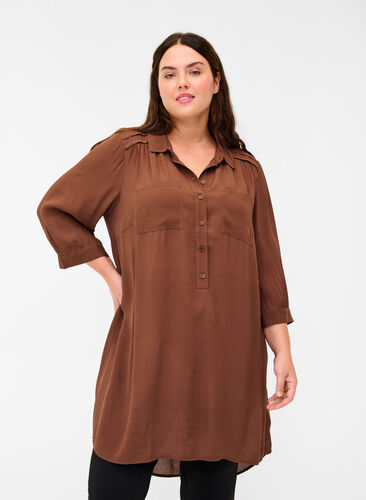Viscose tunic with buttons and 3/4 sleeves, Rocky Road, Model image number 0