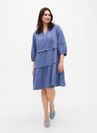 3/4 sleeve cotton dress with ruffles, Moonlight Blue, Model image number 2