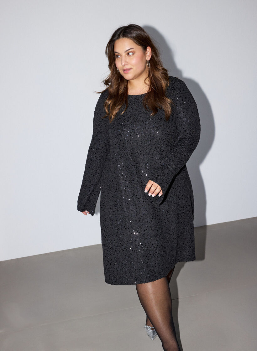 Short sequin dress with an A-line shape, Black, Model image number 0