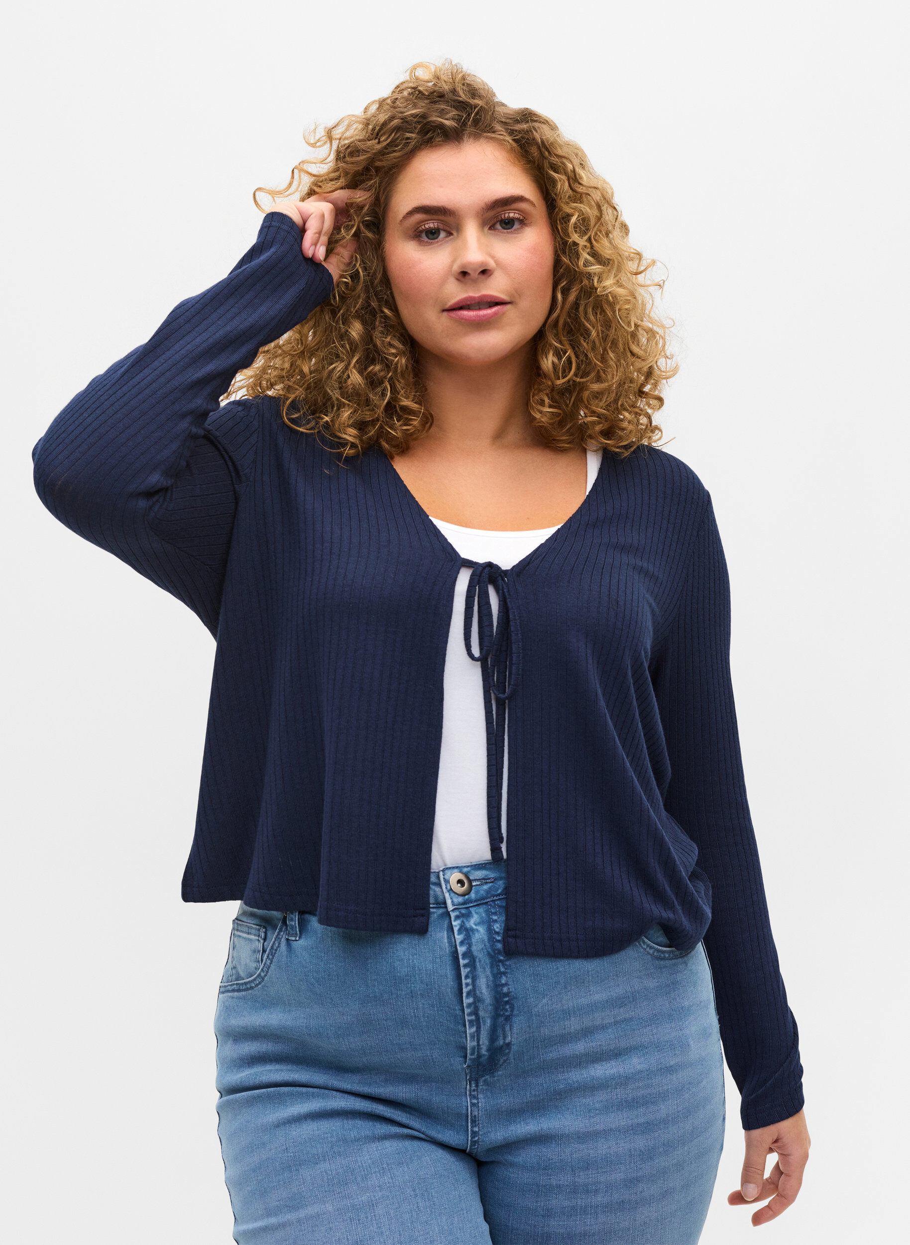Ribbed cardigan with tie-string - Blue 
