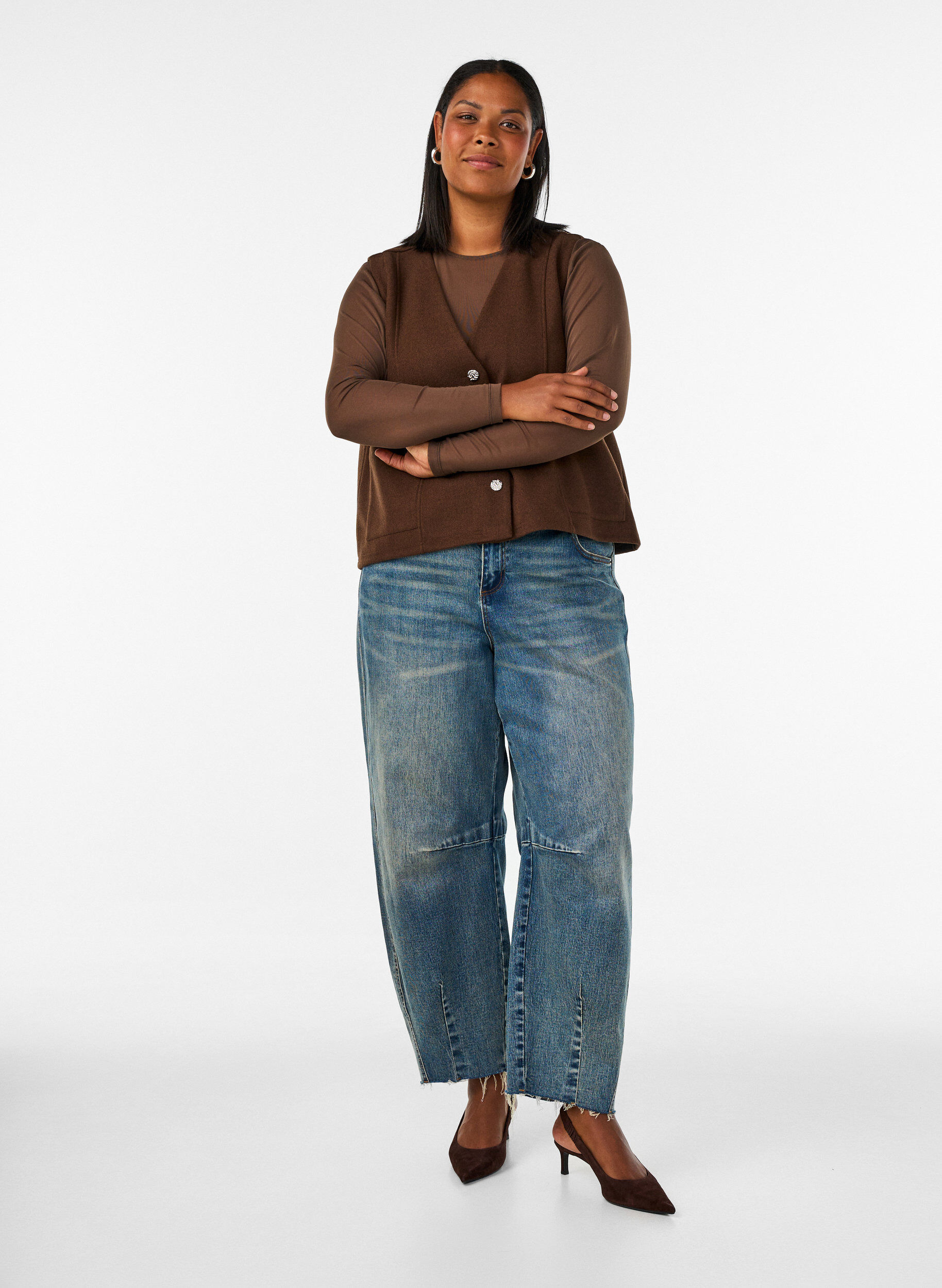 ZizzifashionMesh blouse with long sleeves, Brown, Model image number 1