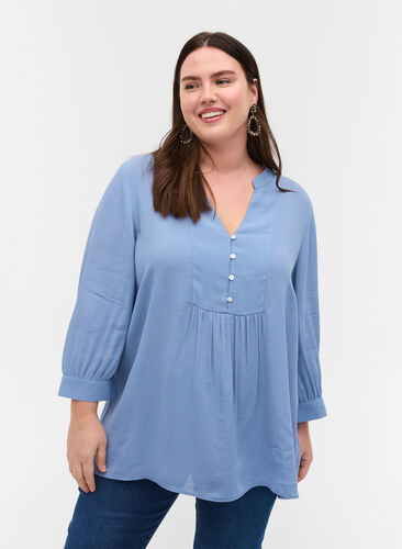 Viscose blouse with 3/4-length sleeves, Forever Blue, Model image number 0