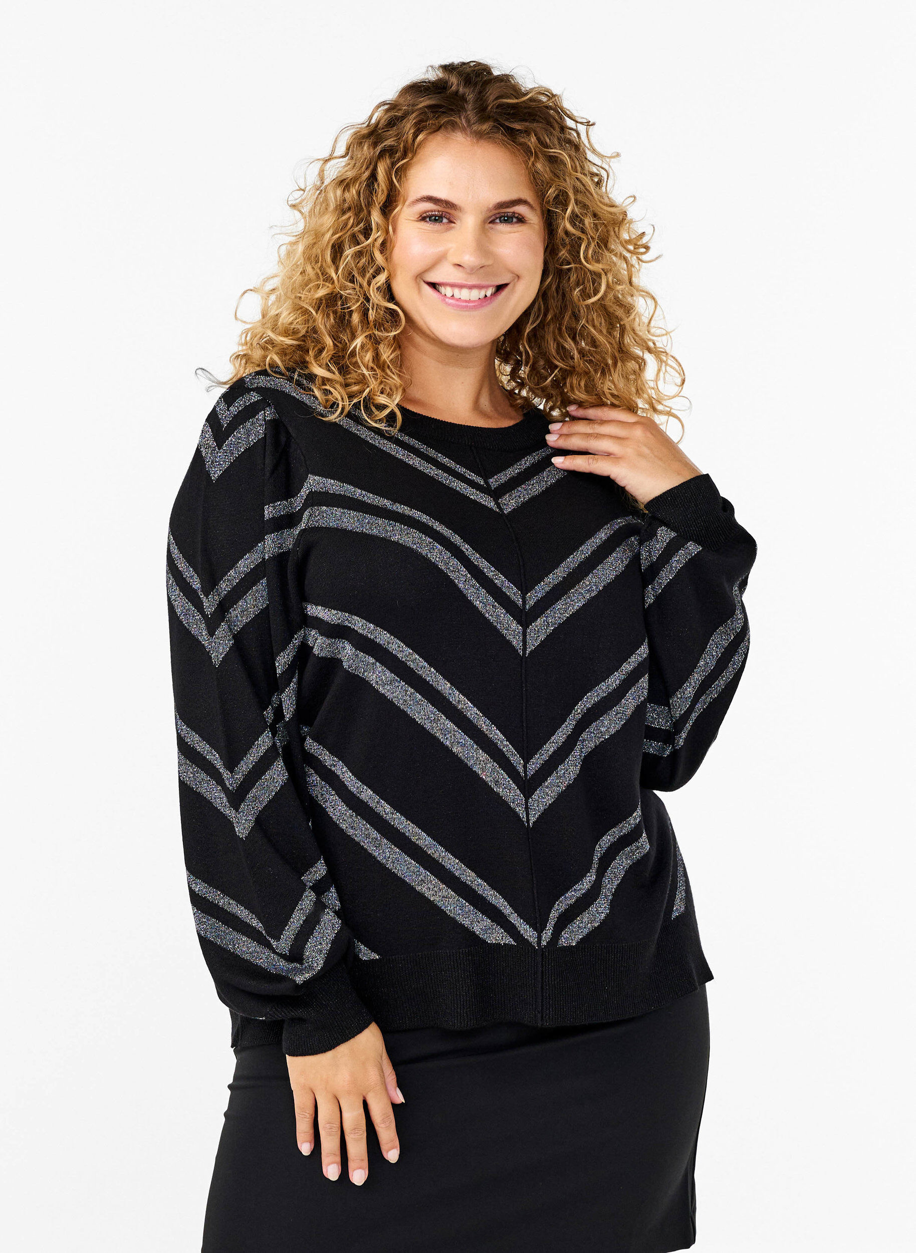 Zizzifashion Knitted jumper with a round neck and shimmer, Black w.S.L.Stripes, Model image number 0