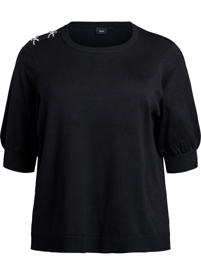 Knitted blouse with short sleeves and small bows, Black, Packshot image number 0